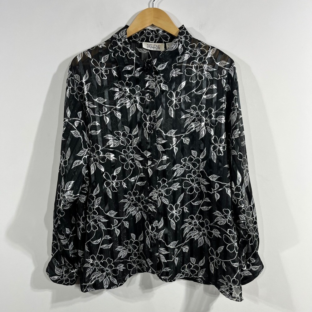 Selene 90s Fairy Grunge Whimsigoth Floral Sheer Metallic Button Up Top Womens 1X